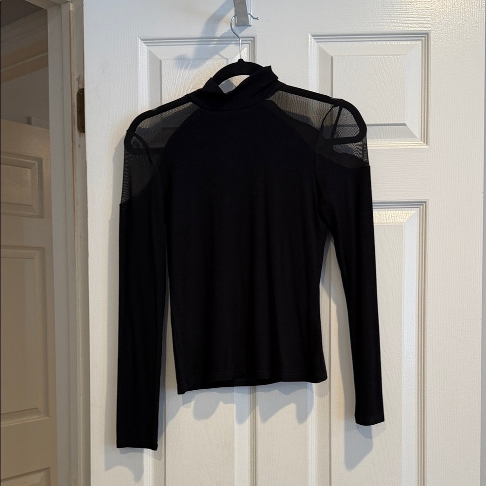 1.State Black Mesh Shoulder Mockneck Women's Top